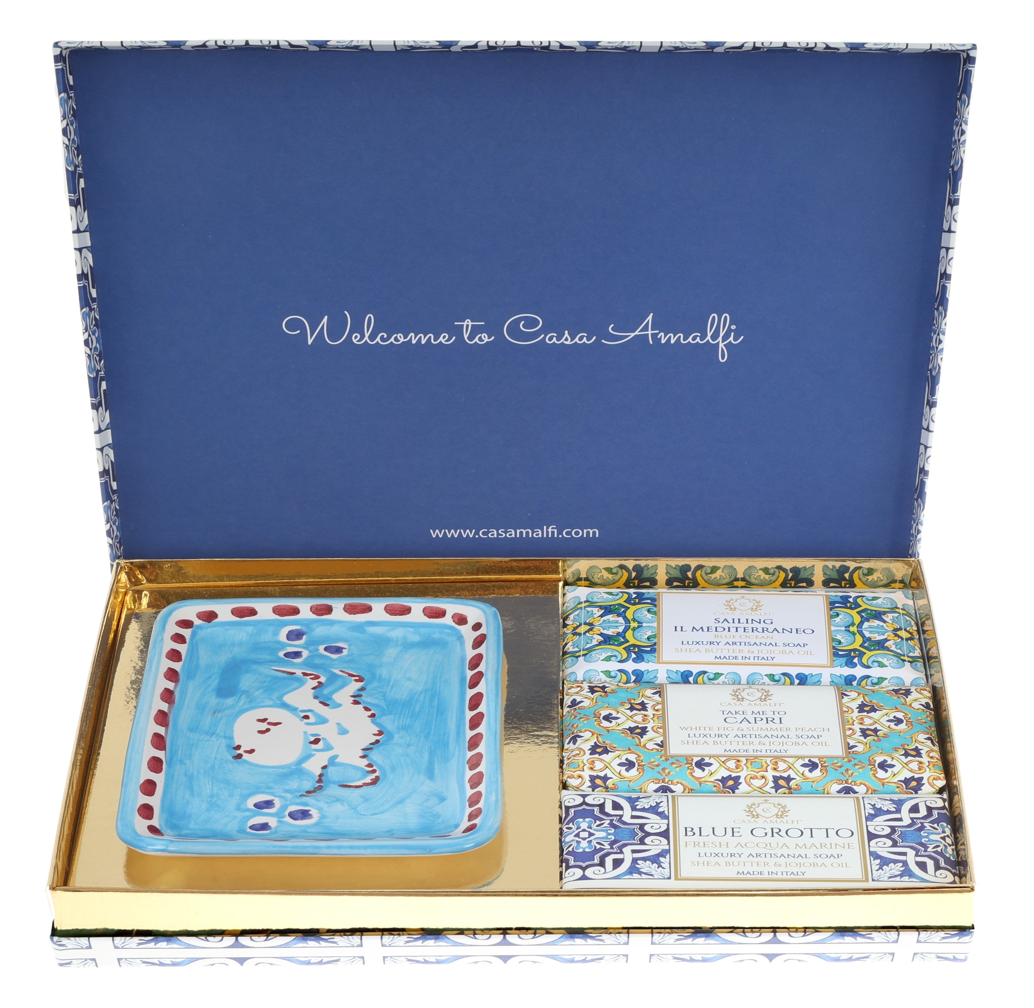 Casa Amalfi Blue Maiolica Gift Box: 3 Soaps + Ceramic Soap Dish